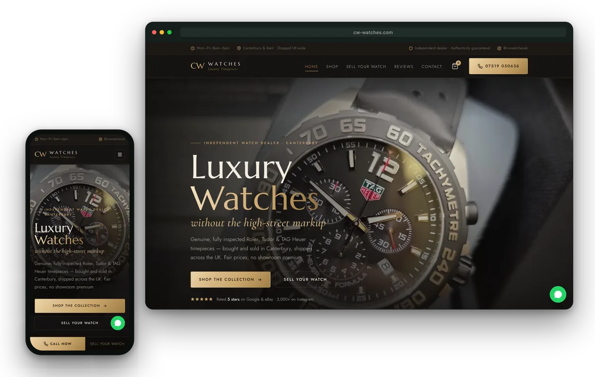 CW Watches website shown on desktop and mobile