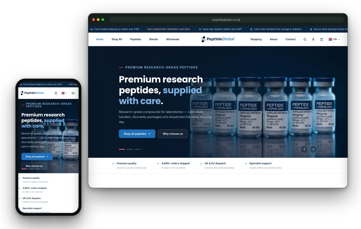 Peptide Global website shown on desktop and mobile
